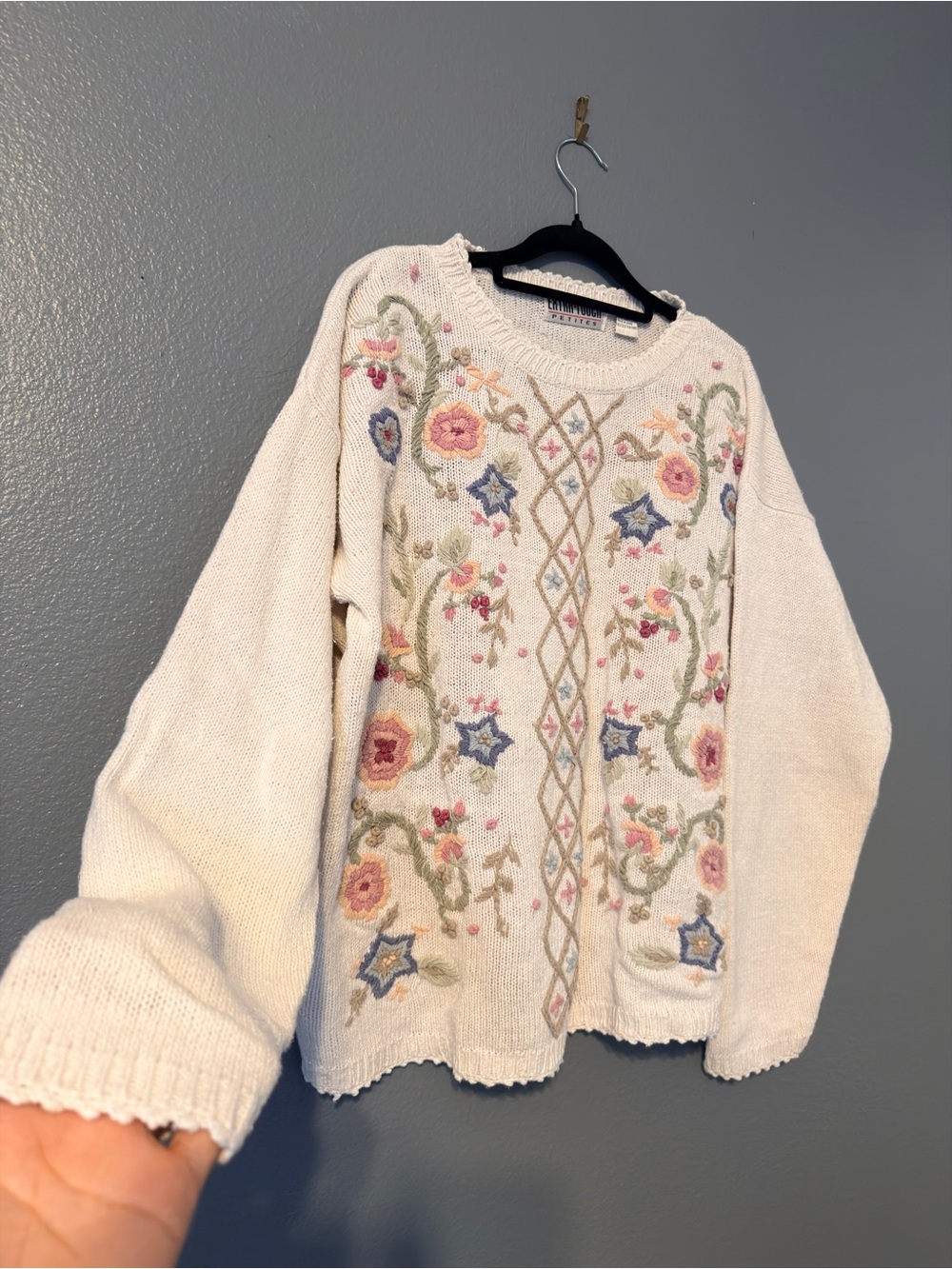 VTG Embroidered Floral Cream Rami Cotton Grandma Cottage Sweater Large Petite